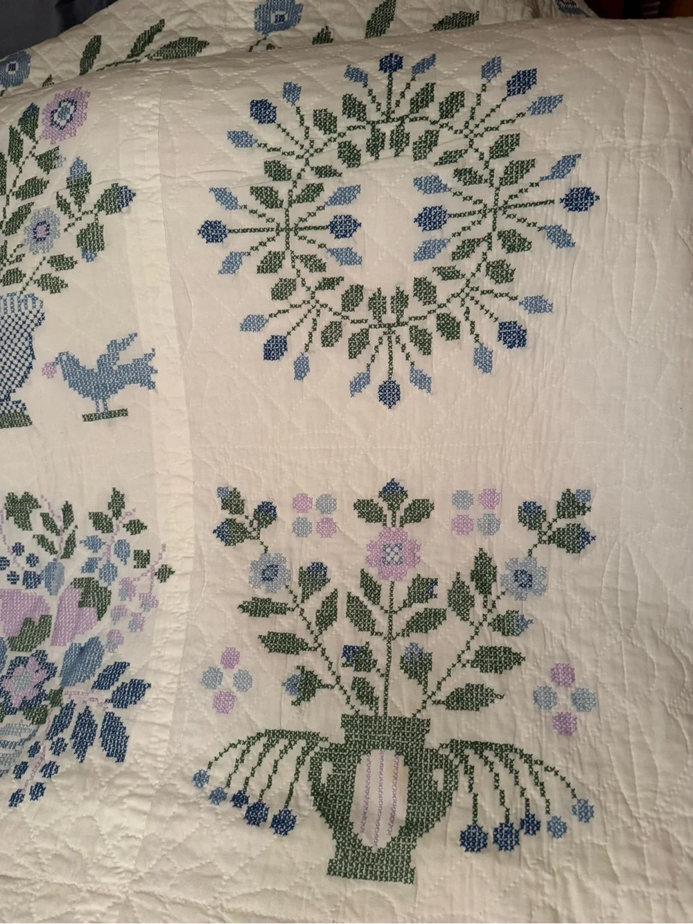 Handmade Cross Stitch Queen Quilt - Baltimore Album Sampler Cottagecore
